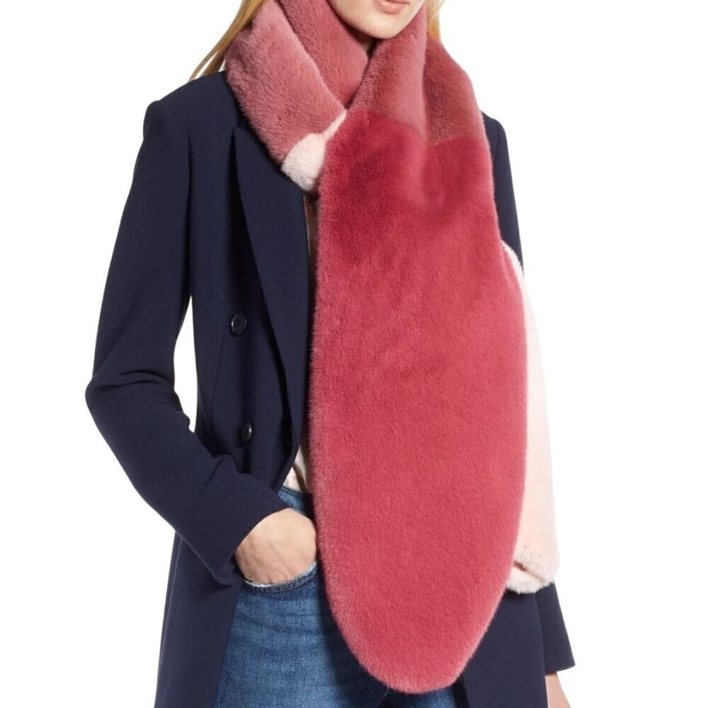 Halogen Atlantic Pacific Scarf 70" Pink Fur Color Block Soft Retro Luxury Preppy